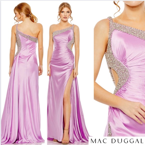 Mac Duggal 68447 Ruched One Shoulder Side Cutout Embellished Satin Gown Lilac 2 - Picture 3 of 14